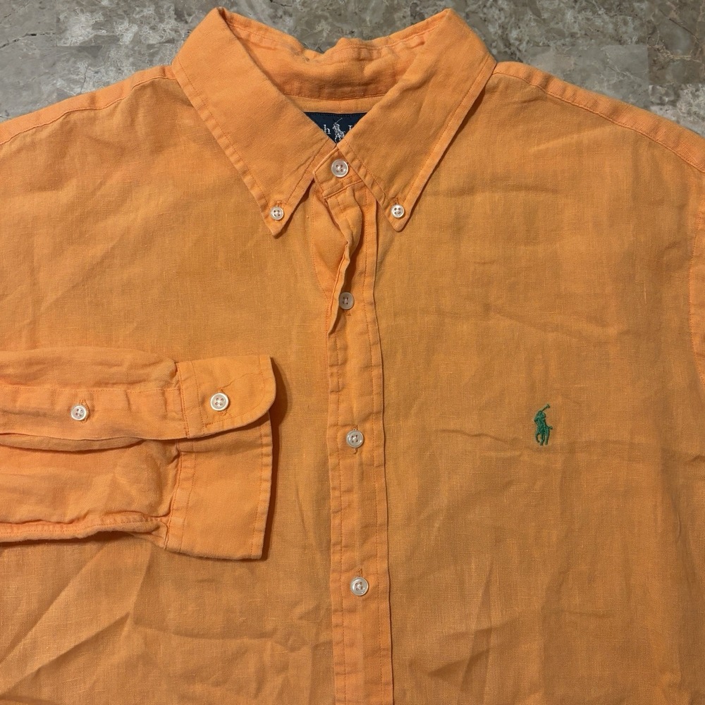Polo Ralph Lauren Shirt Mens XL Classic Fit Orange Green 100% Linen Long Sleeve